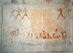 Relief från Mastaba av Akhethotep som visar båtliv, från Saqqara, Gamla kungariket (målad kalksten)